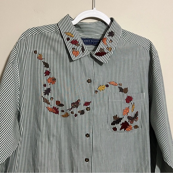 Karen Scott Striped Embroidered Fall Autumn Leaves Button Down Blouse size XL - Picture 2 of 10